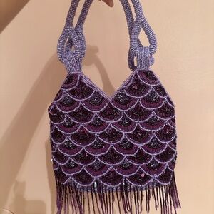 Purple Beaded Handbag with Fringe